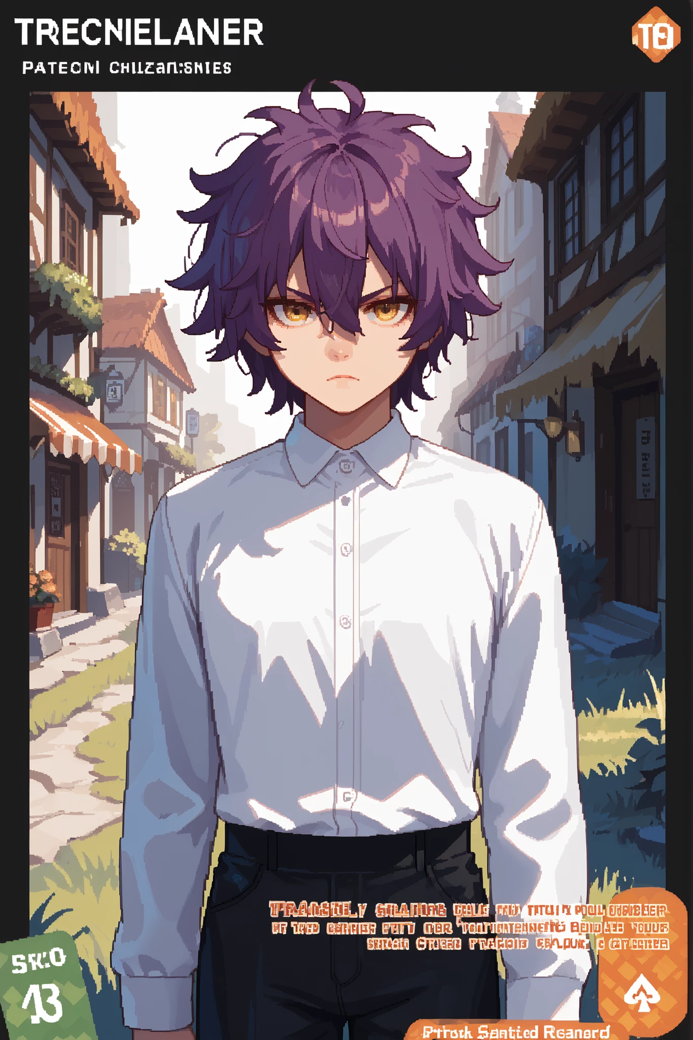 score_9, score_8_up, score_7_up, source_anime, solo, pixel art, tr4dingcard, card (medium), english_text, N, trading_card, white_trade_card_frames, , 1boy, solo BREAK
Purple hair BREAK short hair, messy hair, wolf cut, hair between eyes, yellow eyes BREAK
Renaissance clothes, white shirt, collared shirt, long sleeves, black pants BREAK
Standing, looking at viewer, serious, closed mouth, (upper body), portrait, (village), daytime, grass