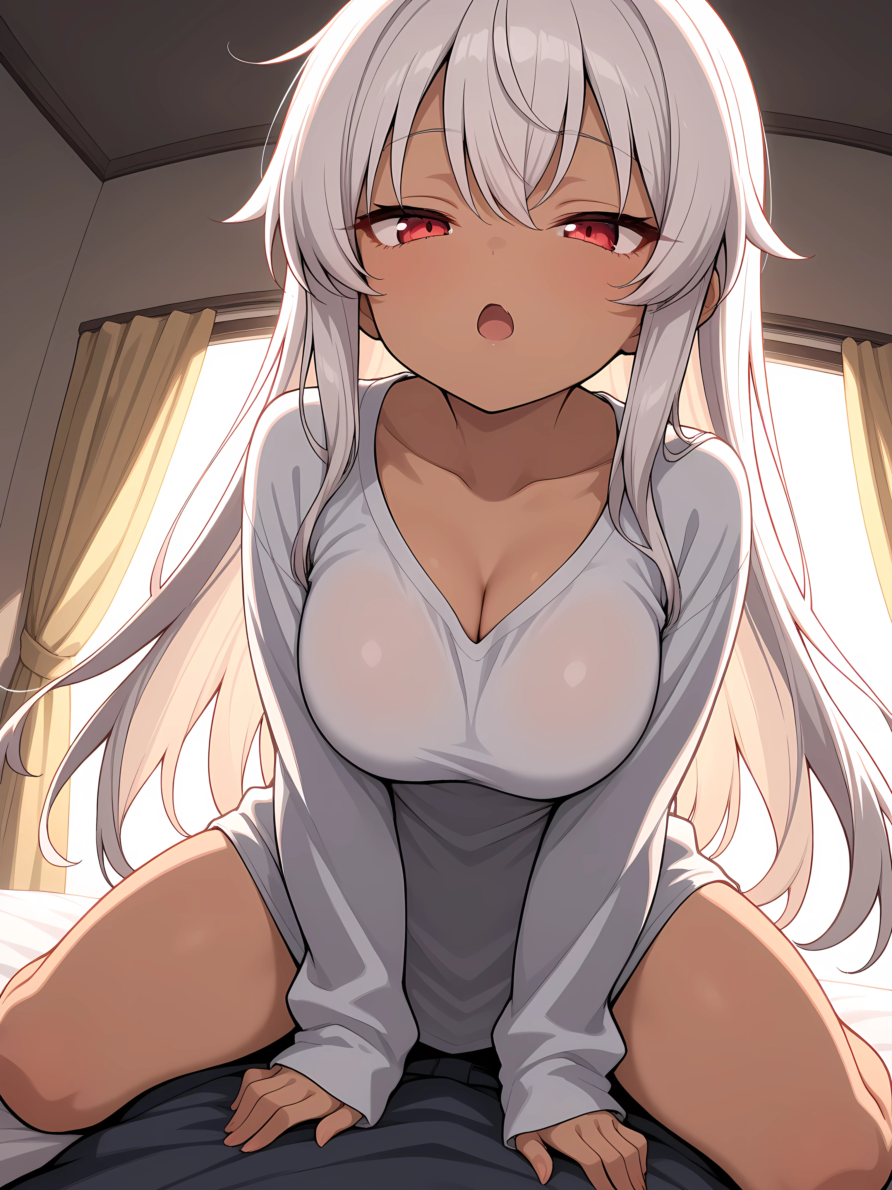# anime #NSFW Young, slim, and very petite woman with long yellow hair, bangs across her forehead, bright blue eyes, wearing a white wool sweater that subtly emphasizes her bust, white stockings, tmasterpiece, high high quality, A high resolution, Alone,Braid details, Female bed, unkempt, cosmetics, to express happiness, keen vision, lie, from the above,((legs are open)) Both thighs thick, open your mouth and scream, The head is tilted back, eyes closed tight,Pretend to sleep, shaggy, Heavy breathing, expression of anguish, Reddening cheeks, staging,Light white fishnet stockings wrap the thighs, (cum on face:1.2).