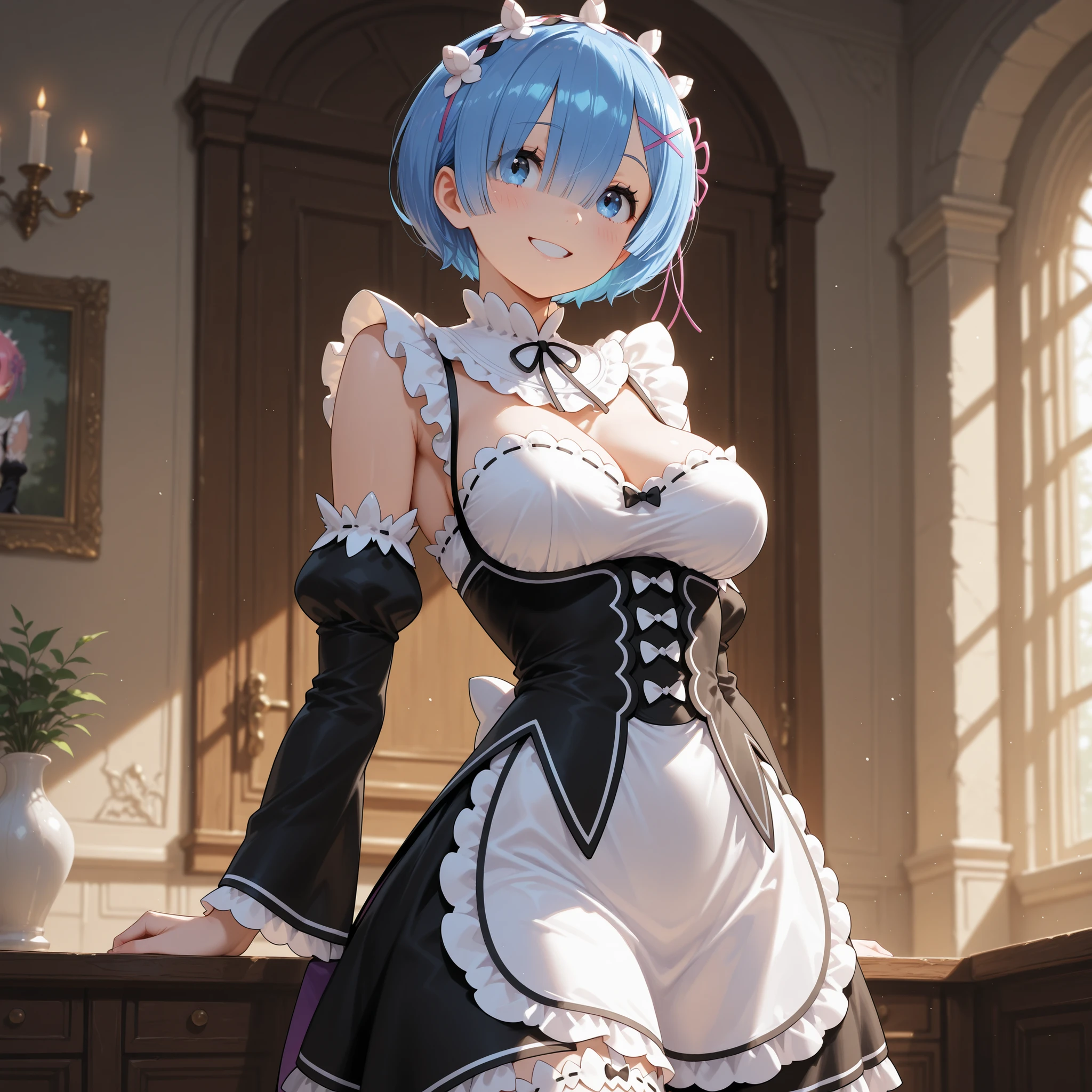 A high resolution, Focus sharp, Pixiv masterpiece, ((Complicated details)), The is very detailed, The upper part of the body, 1个Giant Breast Girl, rem_Floor plan about the_lofi, Blue hair, short detailed hair, Maid uniform, hair adornments, Chopping, maid headdress, separated sleeves, ribbons,