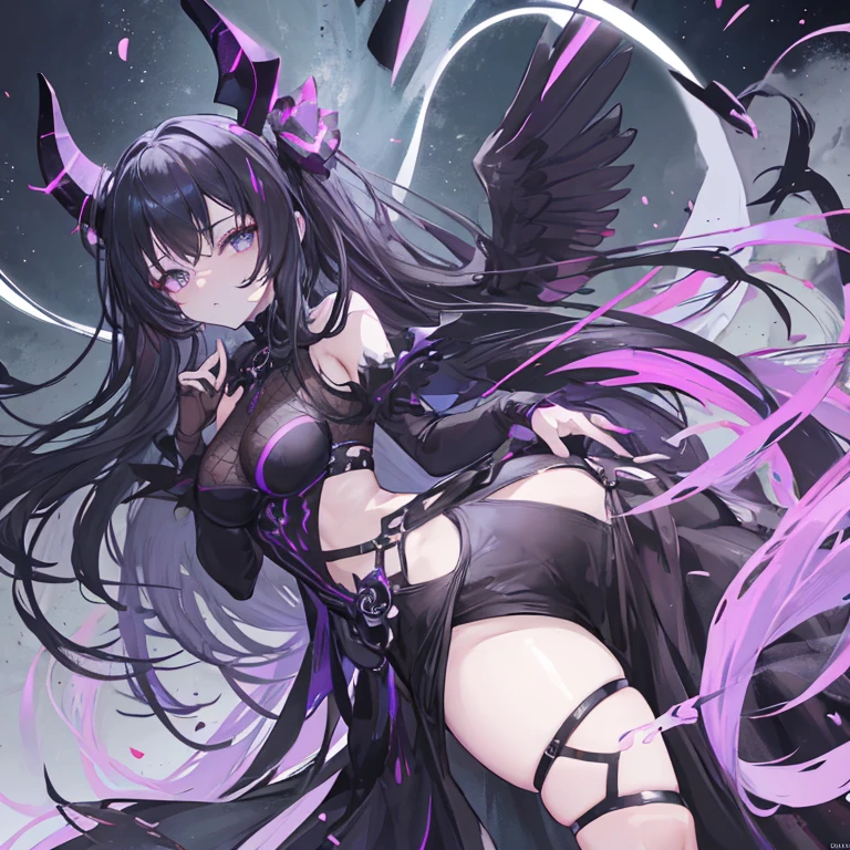 Gewitter, finstere Nacht, Angry young goddess of evil in a sparkling dark red and purple fantasy demon dress with wings and horns floats in the storm, In her hand she holds a black spear, ihre Augen leuchten dunkel lila, dark purple huge flashing wings, grelle Flammen und Funken, Anime Goddess of Evil, Unreal-Engine-Rendering + a goddess, 3-D-Rendercharakter Kunst 8 K, render of a cute 3d anime girl, 3D-Unreal-Engine, Anime sehr detailliert, 8k hochwertige detaillierte Kunst, Goddess of Thunder. Extrem hohe Detailgenauigkeit, photorealistic anime girl render, Evil Goddess