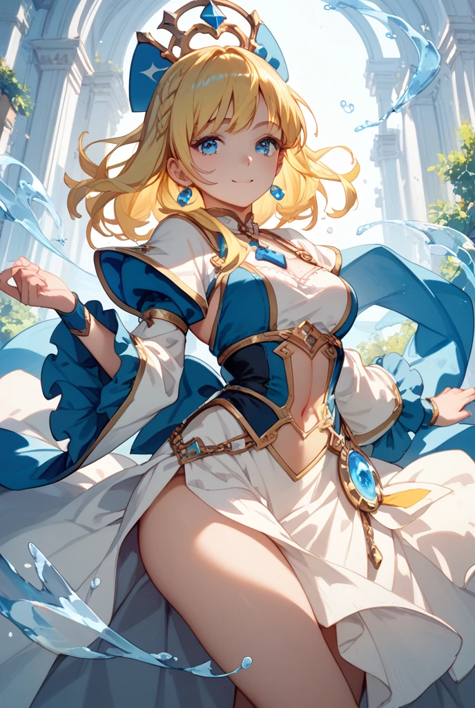 4K,hight resolution,One Woman,a blond,Longhaire,Blue eyes,Colossal tits,elvish,green and white sacred armor,Excalibur,a round shield,sacred place