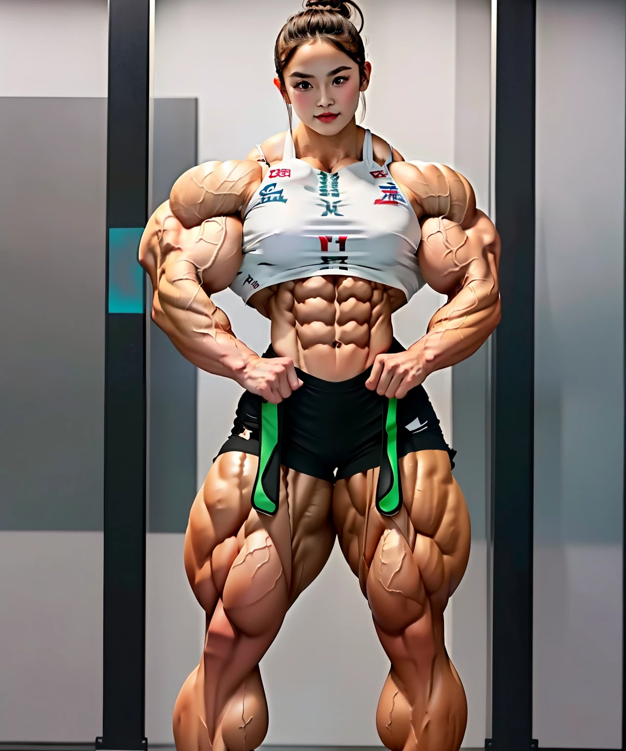 1girl, gorgeous, muscular, female bodybuilder, muscular, thick thighs, 3year old tattooed,street fighter cammy as, abs, wide hips, (masterpiece, high quality:1.1) ,shiny skin, soft, smooth skin, breast indentation, neon orange suit, camel toe, slingshot bra,busty, curvy, fit, toned, camel toe, lipstick, thick lips, make-up, highly detailed, kawaii, wet and shiny, squatting spreading legs, camel toe,at gymnastics lifting gear in background