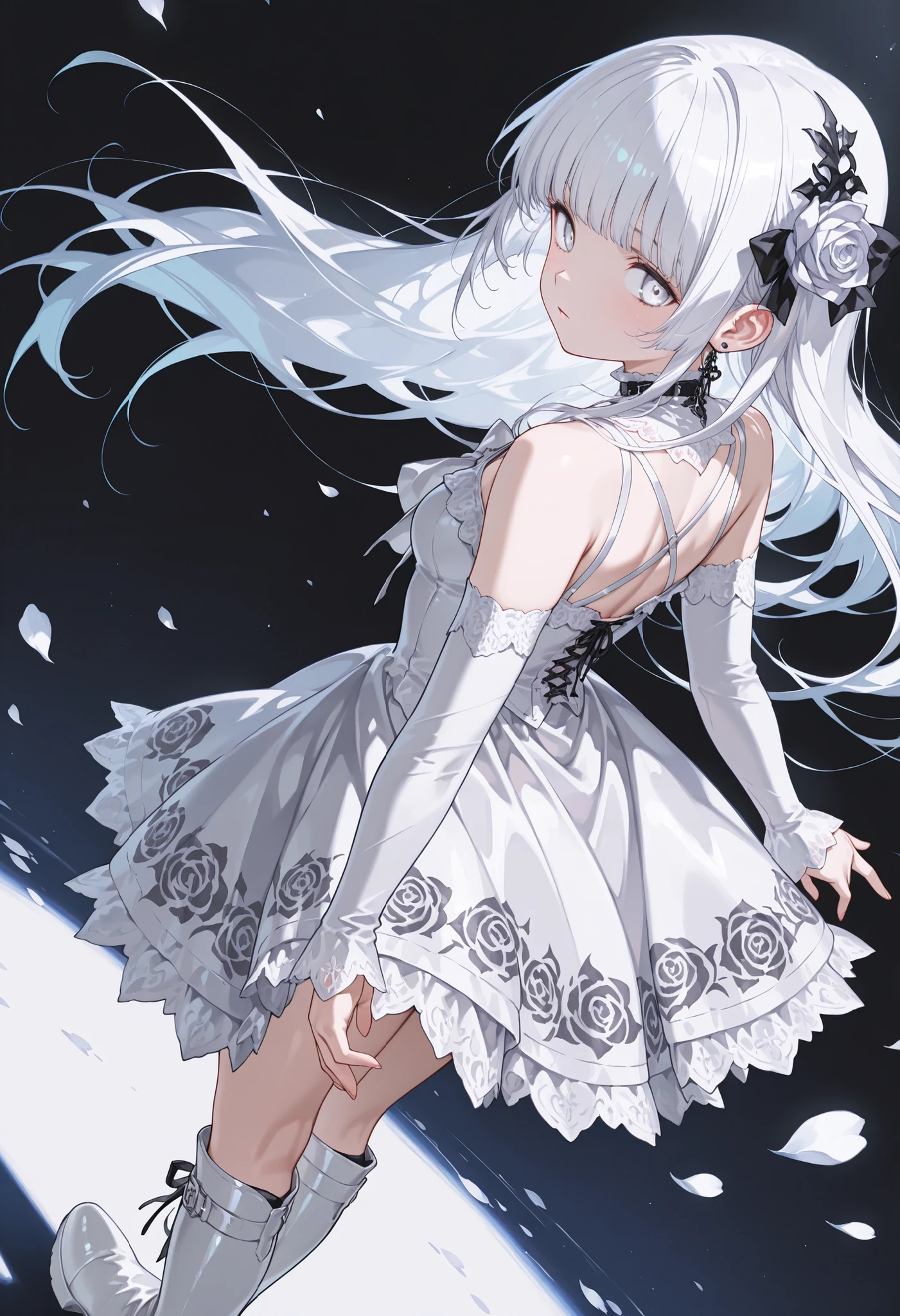 1 girl, , standing, segmented blade, Fair skin, Cropped White Lace Gothic Top, piercing, Beautifully Detailed White Eyes, Long Thick White Hair, princess cut,Looking back at the viewer, Thighs, Leather Mesh Gothic White Rose Print Skirt, Long Glamorous Boots, (Absard Dress, detailed, Highest Quality, masterpiece, very aesthetic:0.3), (angle from the front:1.4), white petals dance, black background