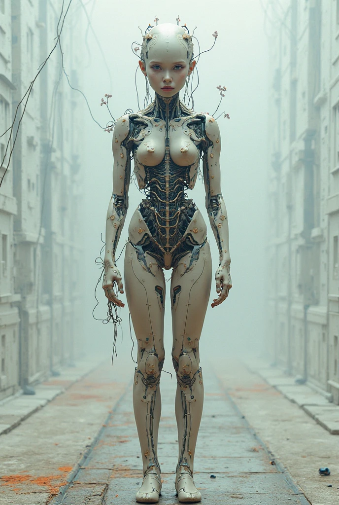 portrait of noface cyborg with a crown of flowers