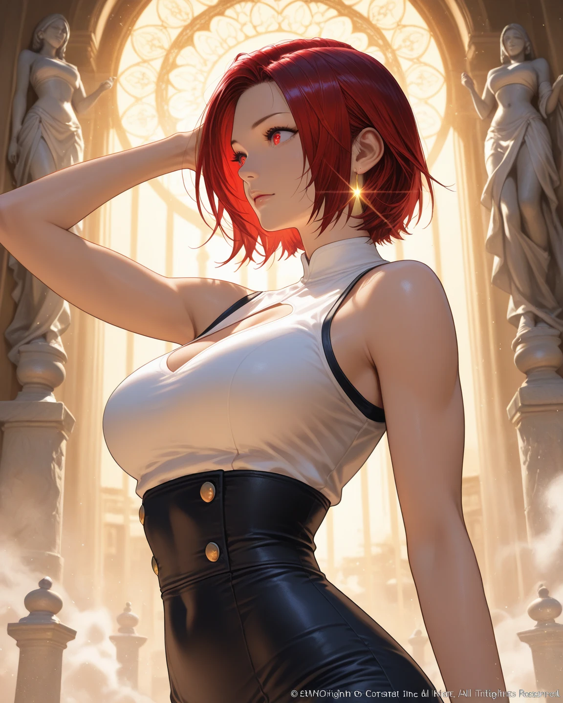 (csr style:1), 1girl, bare_shoulders, gigantic_breasts:1, orange_eyes, cleavage, earrings, hair_over_one_eye, hand_on_hip, jewelry, lips, long_hair, looking_at_viewer, parted_lips, red_hair, solo, revealing blouse, plunging neckline, downblouse:0.7, full_body, wavy_hair, pastel_colors, (perfect composition) <lora:cutesexyrobutts><lora: arcane><lora:arcane:1.0>