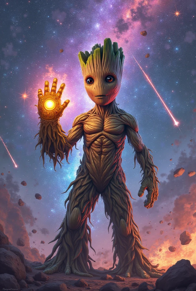 Groot in a bright galaxy, that blinks, holding the infinity gauntlet 