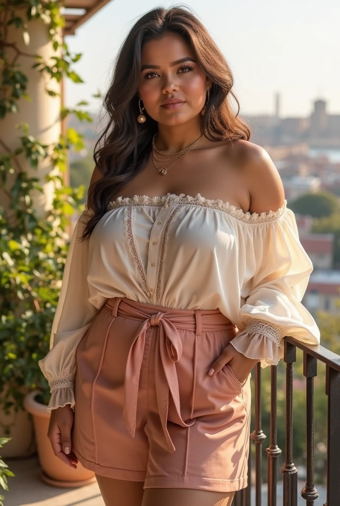 Colombian Portuguese girl cup of freckles in her twenties long curly hair dressed in classy outfit