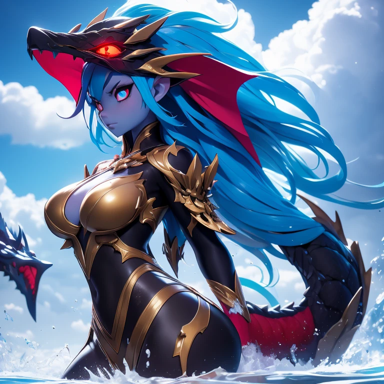 titanus gojira, female, medium breast, long blue hair, blue eyes, godzilla series, Kaiju girl, swimming