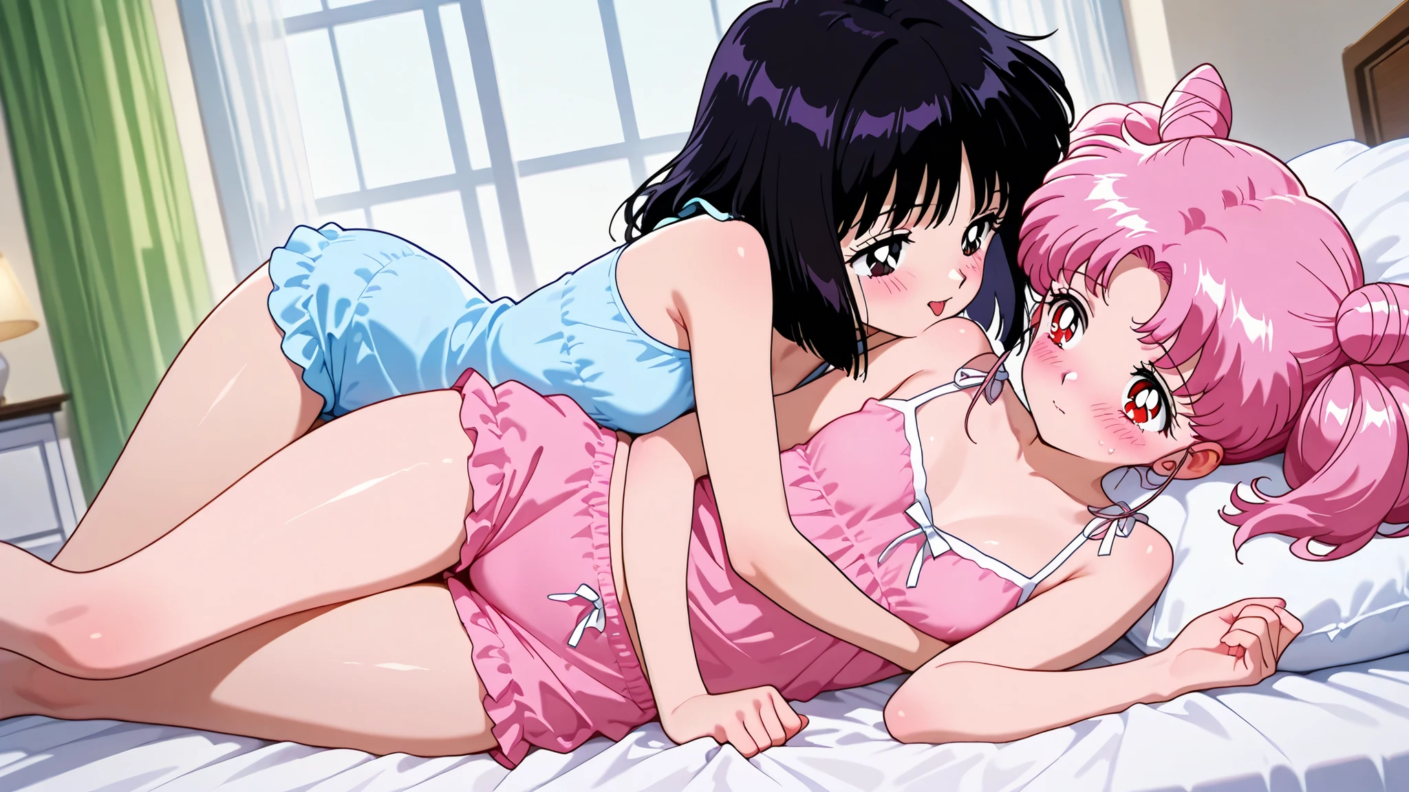 masterpiece, amazing quality, best quality, ultra-detailed, 8K, illustration, clear skin, ultra-detailed-eyes, soft skin, very awa, very as2, soft body, 90's style, official art, hotaru tomoe, short hair, black hair, black eyes, small breasts, bbcusa, long hair, pink hair, cone hair bun, long twintails, red eyes, 2girls, sensitive, lying on bed, wearing pajama, teasing another, blushing
