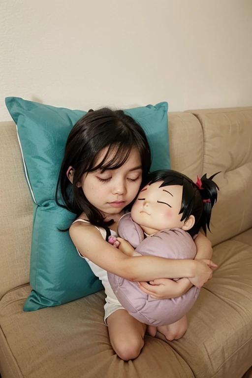 There is a little girl sitting on the sofa with a cell phone, young child, baby on her lap, innocent face, child, 2 years old, child