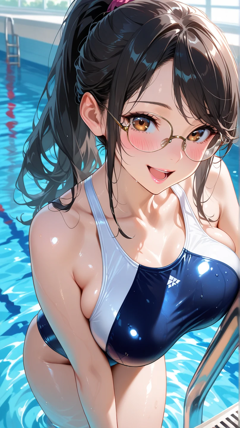 A beautiful girl in bikini walking next to a pool, 20 year old girl, anime girl, royal blue bikini printed with white flowers, filly bikini with microskirt, solo, looking to the side, big rounds breasts, dark brown hair, gradient bangs, long hair, hair over shoulder, french braid, ponytail, wavy hair, shiny hair, hairclip, hair flower, hair bow, heart-shaped eyewear on her head, aqua eyes, glowing eyes, pupils sparkling, hoop earrings, blush, licking lips, bright pupils, seductive smile, naughty face, red lips, glossy lips, excited, arms behind back, head tilt), heart pendant, perfect lighting, perfect shadows, pool edge, high detail, anime, anime style, chiaroscuro, glowing light, dithering, image fill, framed, head out of frame, multiple views, from above, from side, panorama, perspective, atmospheric perspective, Wide-Angle, f/1.8, 85mm, Nikon, 8k, super detail, UHD, retina, masterpiece, accurate, anatomically correct, textured skin, high details, best quality, highres, 16k