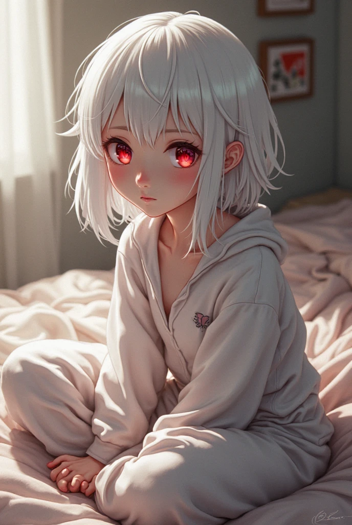 Cimematic vision, nigth, ((1girl)), (lolita), ((((short white hair)))), (((blunt bangs))), yellow eyes, ((cabelo emaranhado)), ((((no expression)))), Sonolenta, ((ahoge)), (((wearing pink pajamas))), desleixada, ((melhor qualidade)), ((obra de arte)), (detalhado), rosto perfeito, ((style novel)), ((lay down on the bed))