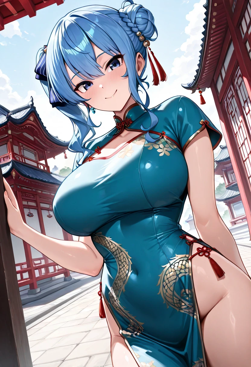 (top-quality、in 8K、32K、masterpiece、nffsw、超A high resolution、Impresionismo、Photorealsitic:1.2)、Colossal tits、cowboy shot、Beckoning pose、 detailed faces and eyes、 mid night、nightcity、Dim Street Lights、A jack-o'-lantern is placed on the road、beauitful face、blurry backround、16-year-old beautiful girl、shinny skin、qipao dress、kanzashi、Beautiful light blue hair、Bun hair、Blunt bangs、The eyes are yellow eyes、(Show cleavage:1.2)、high-heels、Look up to the fan、Curve、Stand on one knee、(qipao dress:1.2)、A smile with open mouth and fangs bared、cross one's legs