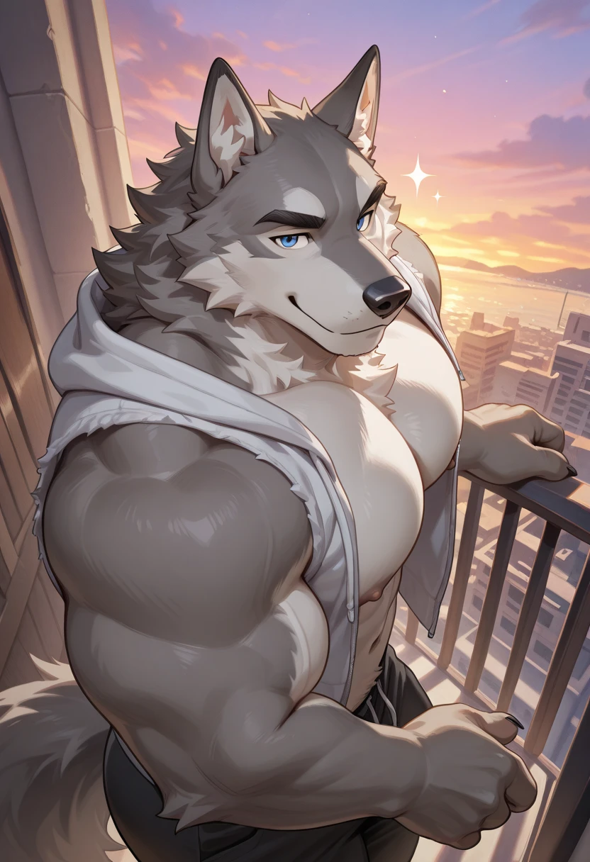 Just not good, Muscular body, young,young角色,Gray fur,Body tearing,Standing on the bridge, Beautiful night city background,head tilted to one side,Is smiling,Happy mood,City sky at night, Wearing white sweatshirt,Wolf furry character,Grey pupils