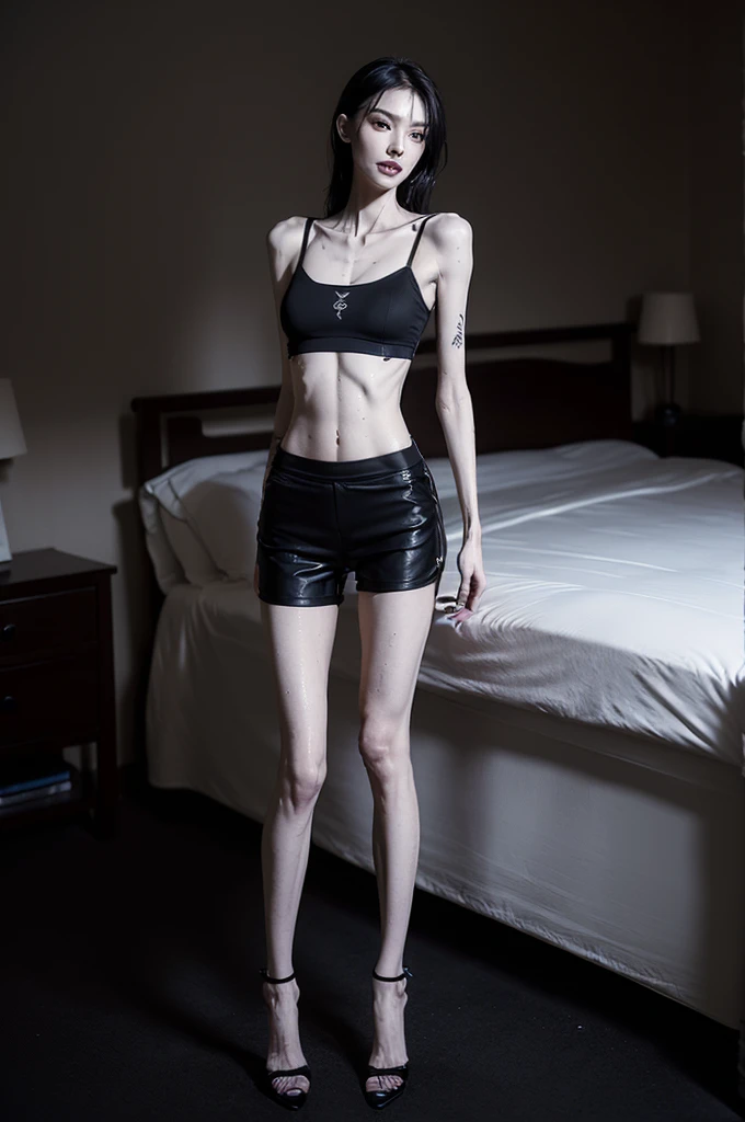 a woman sit barefoot in a prison cell, very thin body, body visible bones, very slender, sweaty wet body, pale white skin, panties, bra,tatto, full body, has a mental breakdown