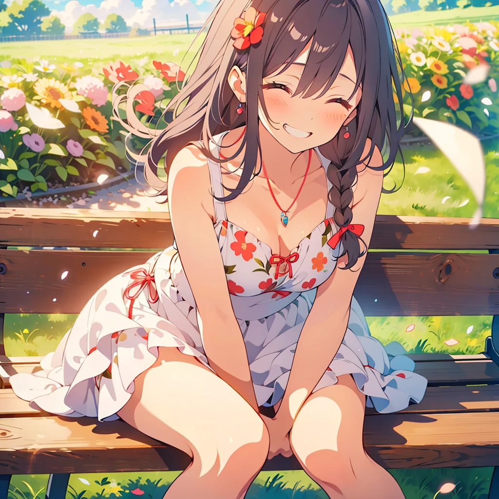 masterpiece, Highest quality, View your viewers,
One girl, alone, smile, Sitting, Have, Shoulder cutouts, Braiding, dress, Brown Hair, (close your eyes:1.1), twin Braidings, blush, Long Hair, bench, Grin, Grass, white dress, jewelry, Clothing cutouts, bangs, necklace, Floral print, Blurred, hand Between the legs, Blurred background, Between the legs, bow, In-person audience, chest, Exposing shoulders, sun Have, straw Have, Day, clavicle, hair bow, Short sleeve, The legs are detached from the frame, ribbon, Brown hat, on bench, Depth of written boundary, park bench, ^_^, Hair that falls over the shoulders,
Day, null, Flower Field, petal,、((Depiction of the whole body up to the toes))、((Close-up of a woman))、((open legs:1.8)),spread legs:1.5,Squatting pose、attractive way to sit、((I was made to sit with my legs apart...)),Stick out your crotch