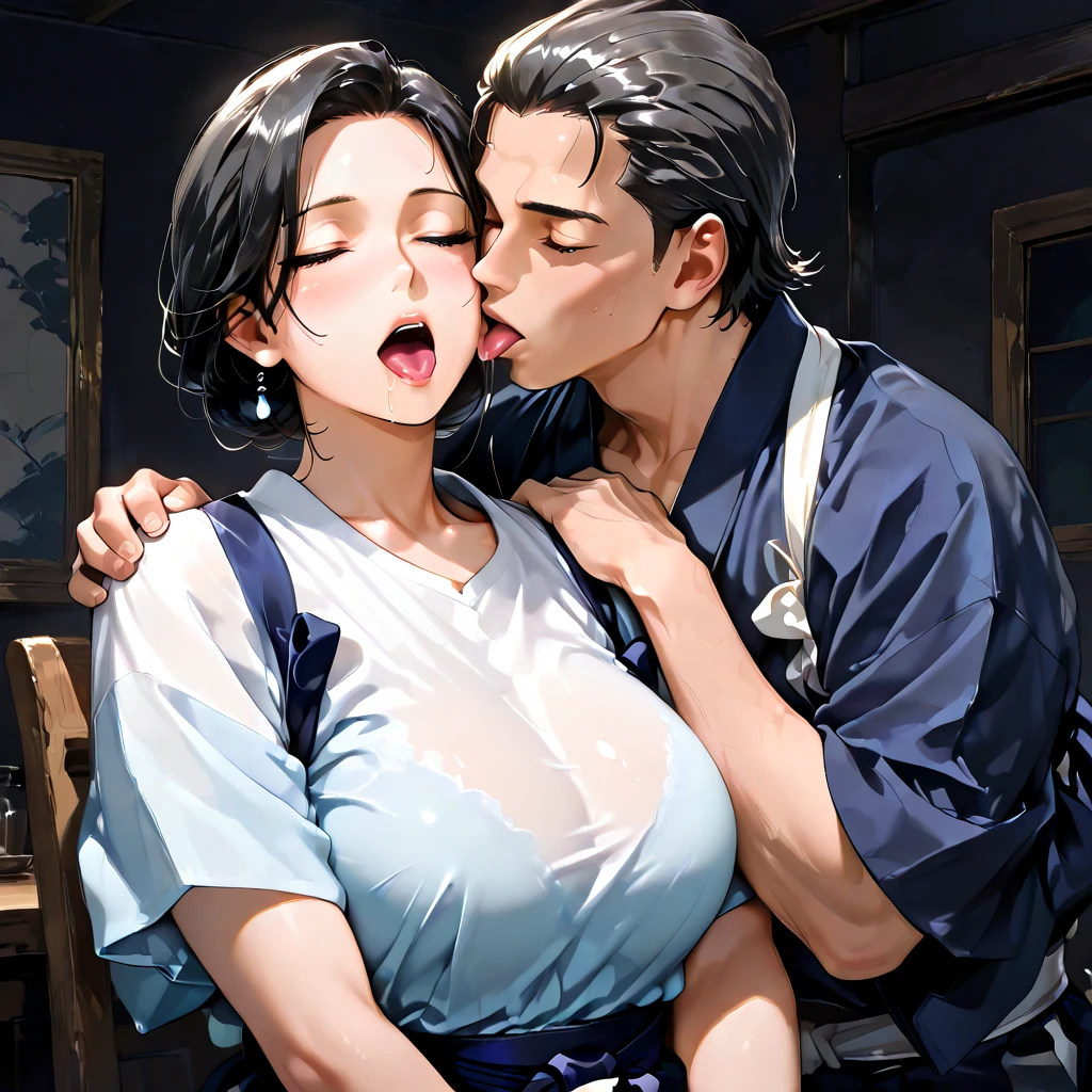 woman with short black hair, wearing a karate gi and red bra with big breasts, blowjob
