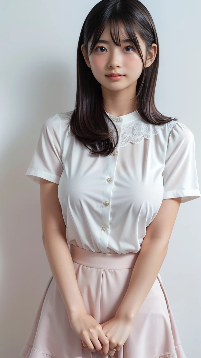 masutepiece, Best Quality, 8K, 16 yo, Large breasts, Raw photo, Professional Photography, Portrait, Soft light, Professional Lighting, Solo, Smile, close up, Face, close up, Cute, Girly, Goddess, Delicate girl, Neat and clean beauty, Upper body, Digital SLR, Looking away, Candid, Sophisticated, Film grain, (Eyes and faces with detailed:1.0), Short hair swaying in the wind, Bangs, Silk blouse, Skirt, Indoor