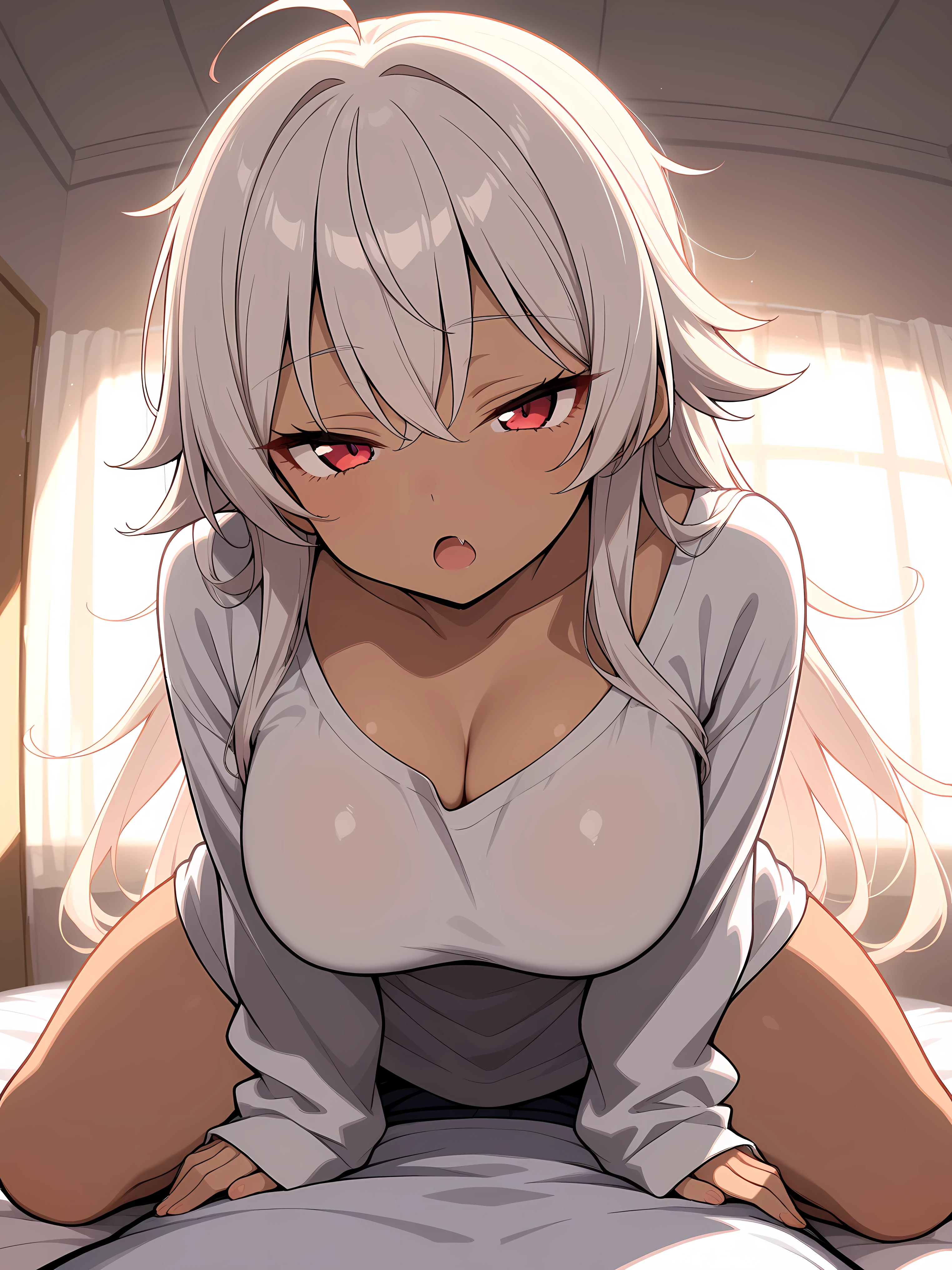nsfw,1 girl,White hair,yellow eyes,face,tan,light Areola,upper body,breasts out,masterpiece,best quality,very aesthetic,absurdres,light Areola,skin,extended_downblouse, frontbend,White shirt,over shirt