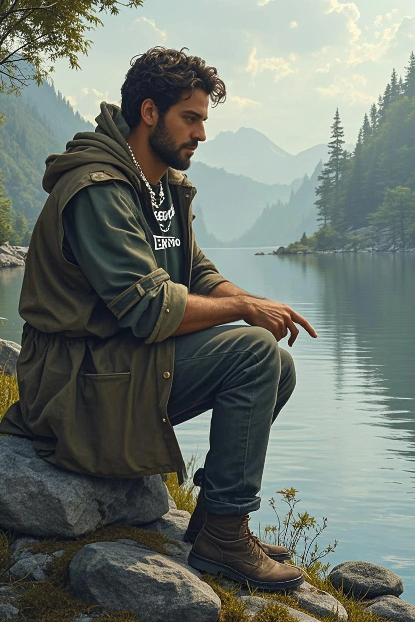A stunning high-quality photograph of a dashing young man, showcasing his clean face and shaggy hair. He is dressed in intricately cargo jacket and flip flop slipper. The young man is seen riding a vintage bicycle on a lush green hillside. Behind him, a shimmering lake reflects the dramatic gray sky. The overall composition harmoniously blends all elements, conveying a sense of expansiveness and cinematic beauty. The level of detail in this 32K, UHD image is truly captivating, demonstrating the power of HDR+ technology., cinematic, masterpiece, best quality, highest resolution
