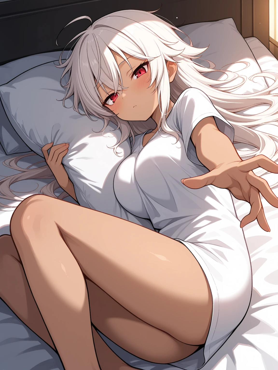 1girl, solo, full length, long hair, medium breasts, looking at viewer, bangs, heterochromia, blue eyes, red eyes, blush, lying, nude, naked, legs, cleavage, brassiere, bra, bare shoulders, underpants, indoors, on the bed, white bra, white underpants, blush, open belly, closed mouth, open navel, open neck, heterochromia, open neck, bare legs,