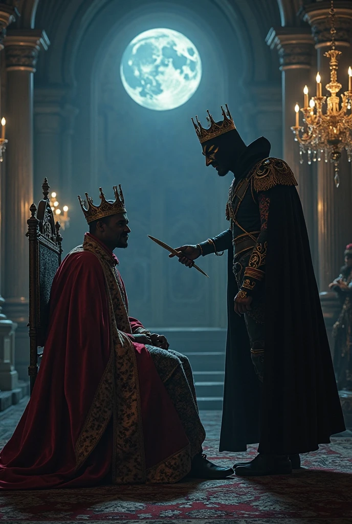 A king stand carrying Pen and a devil stand with sowrd