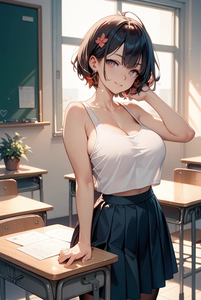 1girl, short hair, mature, milf, ponytail, parted lips, blush, makeup, provoking, navel, underboob, sitting, , classroom, school bag, light rays, glow, thighs, collarbone, narrow waist, (masterpiece), dp ,