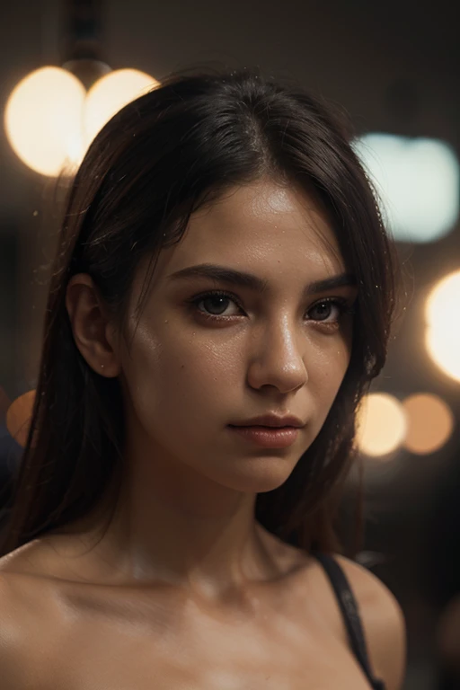 Portrait of the most beautiful girl in the world. She has a lot of cum running down her face. Dark lighting. RGB light. The photo was taken in a night club.