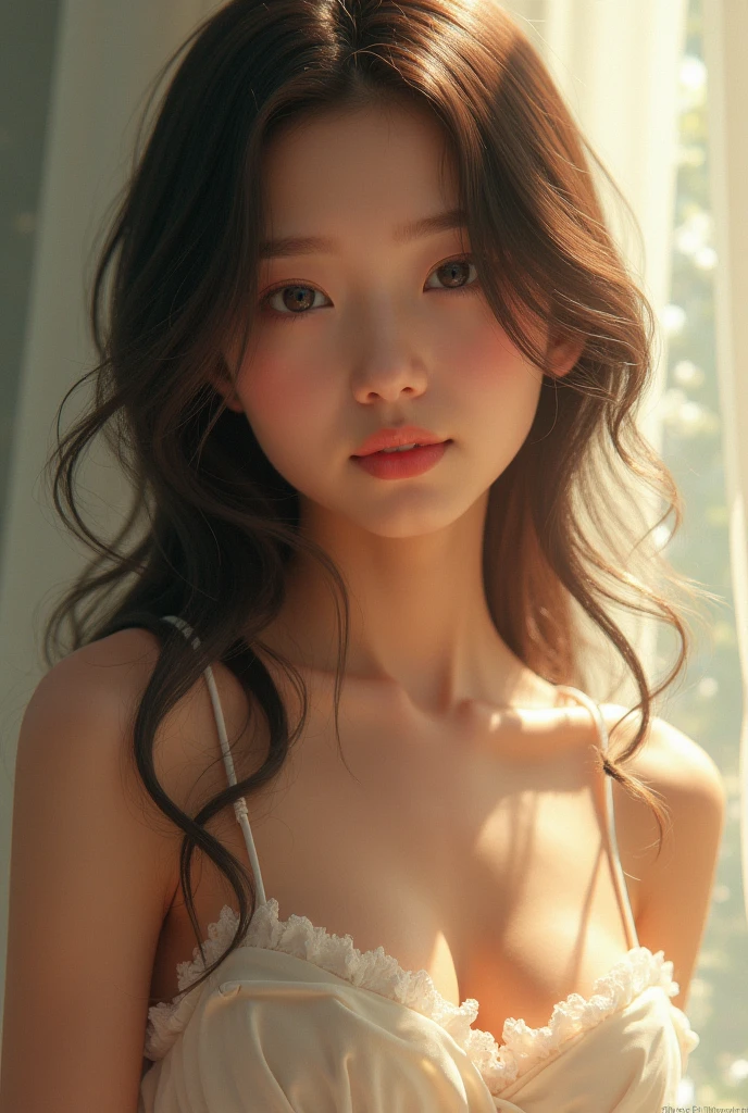 (RAW Photos, Highest quality), (Realistic, Photorealistic:1.3), Tabletop, Very delicate and beautiful, Soft Light, (Brown Hair, Straight shoulder-length hair fluttering in the wind), Beautiful detailed girl, (Detailed fingers), Highly detailed eyes and face, Beautifully detailed nose, Beautiful attention to detail, 1 girl, Japanese, Pure beauty, cute, young, Dress shirt, pants, (Half Body:1.3), (Medium chest), Realistic face, Realistic body,Nipples are exposed