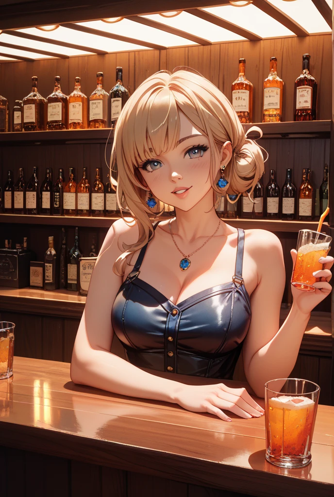 (oil, masterpiece, highest quality, Super detailed, Focus on the characters), woman,White tank top,Big Breasts,tattoo,A fawning smile,Blonde,Updo,,Detailed hair depiction,Detailed depiction down to the tips of the hair([return:0.8]|[ face facing returnwards:1.1]), ,([A deserted bar scenario:1.2]|[ ground:1.3]| [High Contrast:1.1])  