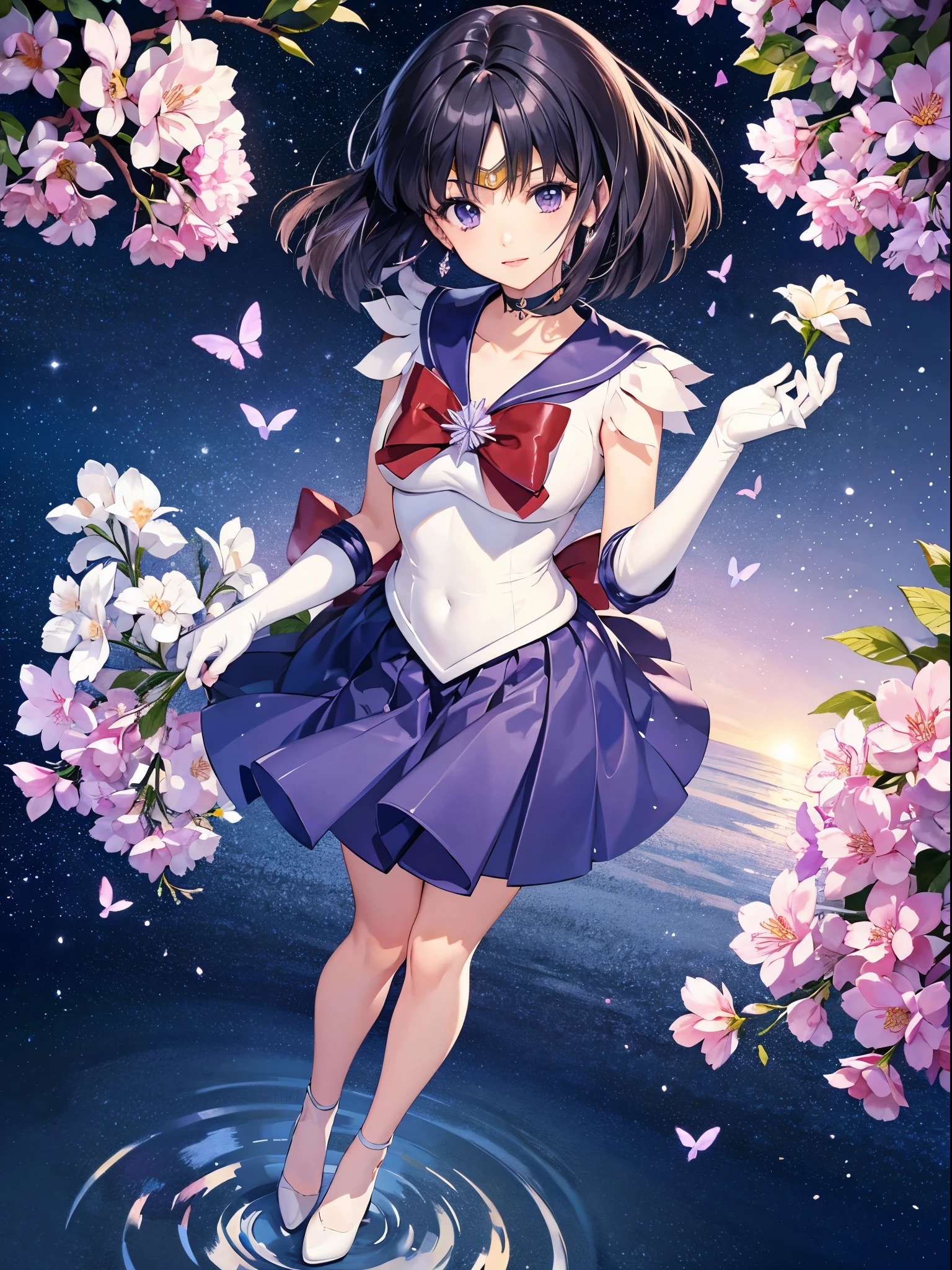 sailor saturn, 1 girl, black hair, short hair, purple eyes, detailed eyes, female focus, alone, Standing, Hotaru Tomoe, portrait, full body, (Masterpiece:1.0), (best quality:1.0) , (wallpaper 8k:1.0), (detailed beautiful face:1.0), (detailed deep eyes), deep eyes, looking at viewer, sailor scout, lilac bow on chest, lilac skirt, white gloves, background flowers
