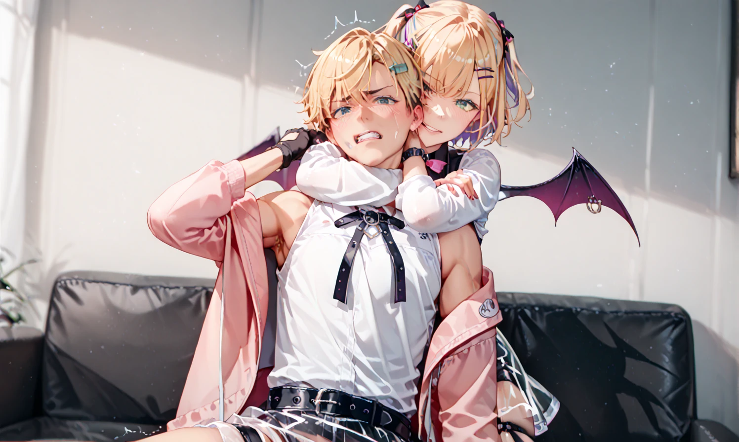 1boy, toned, cosmic powers, HD, masterpiece, vibrant, black boots, dead expression, masterpiece, high quality, best quality, ultra detailed, 1 boy, tall boy, incubus, no underwear, short hair, blonde hair, light blue eyes, dark skin, tongue sticking out, long tongue, anguish, heart-shaped eyes, heart-shaped pupils, fine detailed eyes, unusual shape, ((lots of piercings)), Goth boy, (fishnet stockings, gothic print:1.25) boy in a white and black outfit, boy wearing a white Gothic outfit, large boots, high heel, boy wearing a white leather garterbelt and (multiple leather straps, multiple iron chains attached to rings:1.125), shorts, ((devil wings, tail and horns)), highly detailed fine art, (finely detailed beautiful eyes and detailed face), delicate depiction of facial features, detailed metal jewelry, dramatic composition, cinematic lighting