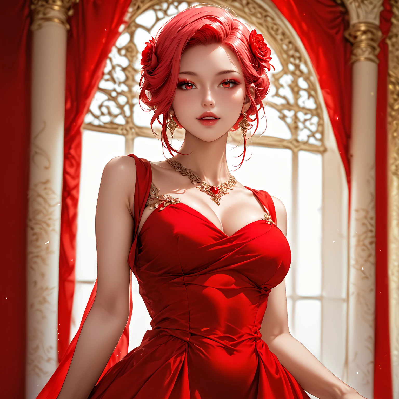 8k,Adult woman with red bushy hair,so beautiful(Like the real thing), strict, elegant, Red Dress, The enchanting aristocrat, silver element, Long nails, Exposing shoulders, Hairstyle, Beautiful expression,blue eyes, Messy, I am proud, Absurd, Elegant dress, Royalty, celebration, Hall decorated with flowers, Cowboy Shot, Portraiture, (Highest quality), (Tabletop), (Very detailed), masterpiece,Highest qualityのフォトリアリスティックなRAW写真。Backlight, Cinema Lighting, Film Grain, to be born, 50mm lens, Nikon D850,Ultra-Realistic Skin,Fantasy art,Character Art,Ultra-high resolution,A muscular and slender macho man,Perfect hands,compensate,Bust shot close-up,