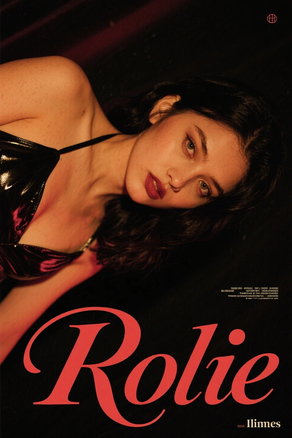 Rolling stone magazine cover, young woman, from the front, low angle:1.4, 18yo, provocative position, medium breast, perfect body, narrow waist, wide hips, thigh gap, exposed vagina, nude:1.4, dynamic pose, no panties, rock and roll, glamour makeup,