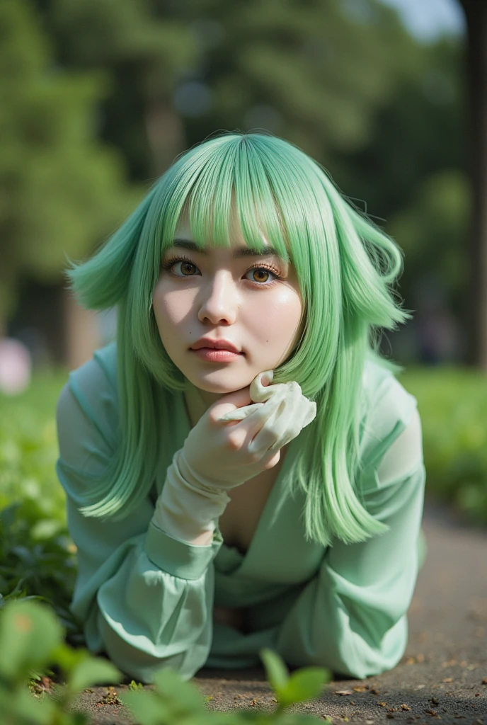 (masterpiece, best quality, detailed), 1girl, solo, looking at viewer, c.c., yellow eyes, green hair, long hair, bangs, medium breasts, straitjacket, white bodysuit, white shoes, , long sleeves, wide sleeves, white blouse, 