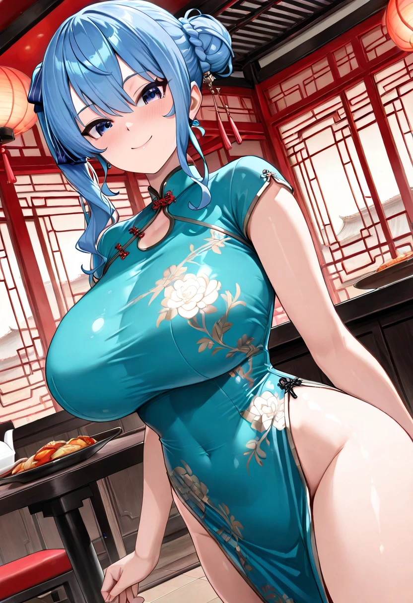 NSFW,masterpiece,Highest quality,High resolution,Super detailed,Sinon\(Sword Art Online\),(China dress),Bare shoulders,Cleavage, hair ornaments, Hair Clip,Embarrassed,expectant face,smile,blush,Chinese restaurant