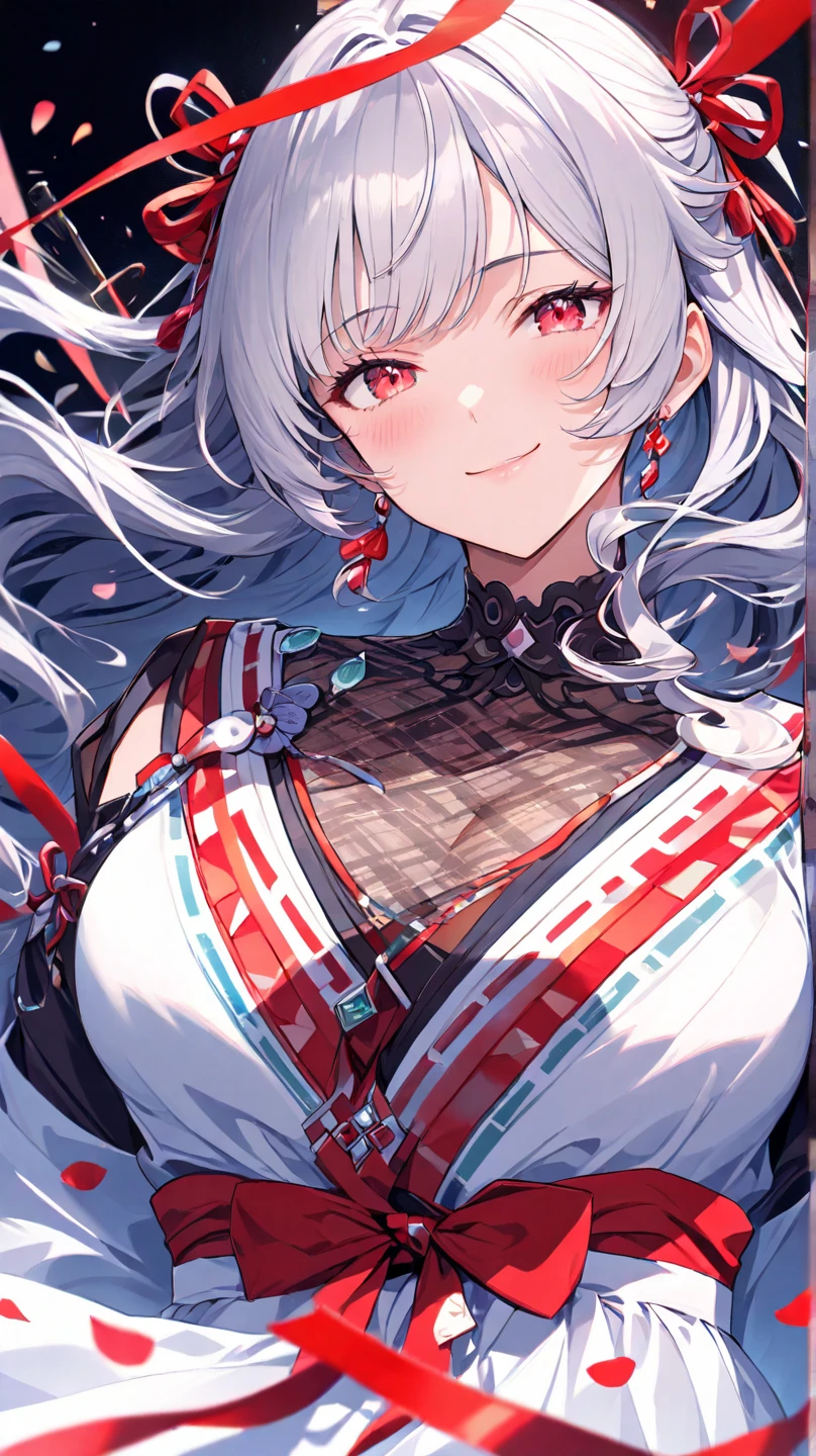 masterpiece, best quality, high res, solo, 1 girl, silver long hair, nice breasts, nice chest, bangs, red eyes, blush, looking at viewer, opened mouth, bright colors, vibrant, extrasharp, high sharpness, nice hands, clear image, bright image, yuudachi, cute