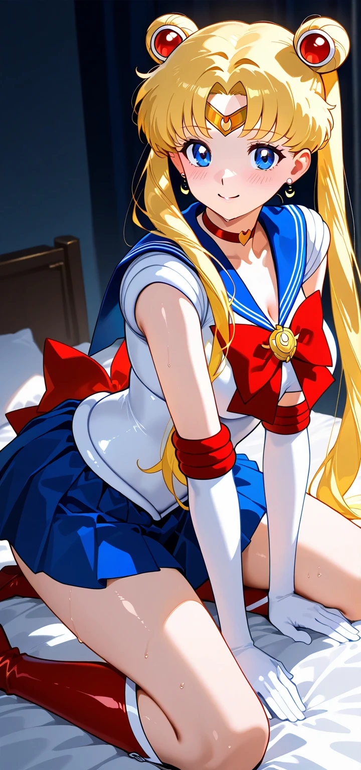 masterpiece, best quality, high resolution, venus1, 1 girl, solo, sailor senshi uniform, sailor venus, aino minako, blonde hair, magical girl, blue eyes, orange skirt, elbow-length gloves, tiara, pleated skirt, bow for hair, orange sailor necklace, miniskirt, choker, red bow, orange choker, white gloves, very long hair, jewelry, earrings, lying on her side on a bed, showing her ass, ass with a small white thong, very sexy , nice ass.