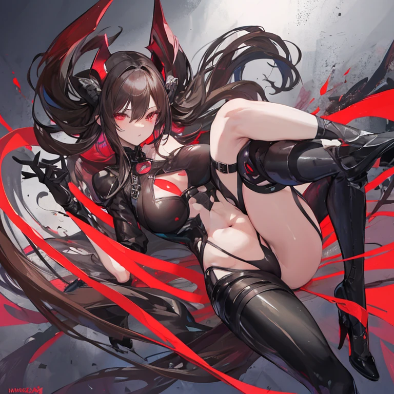 against on wall, a, Black skin elf female, shining red, street clothing, Black and red background, sexy face, sexy open legs pose, Hand on vagina, big chest, thicc legs,