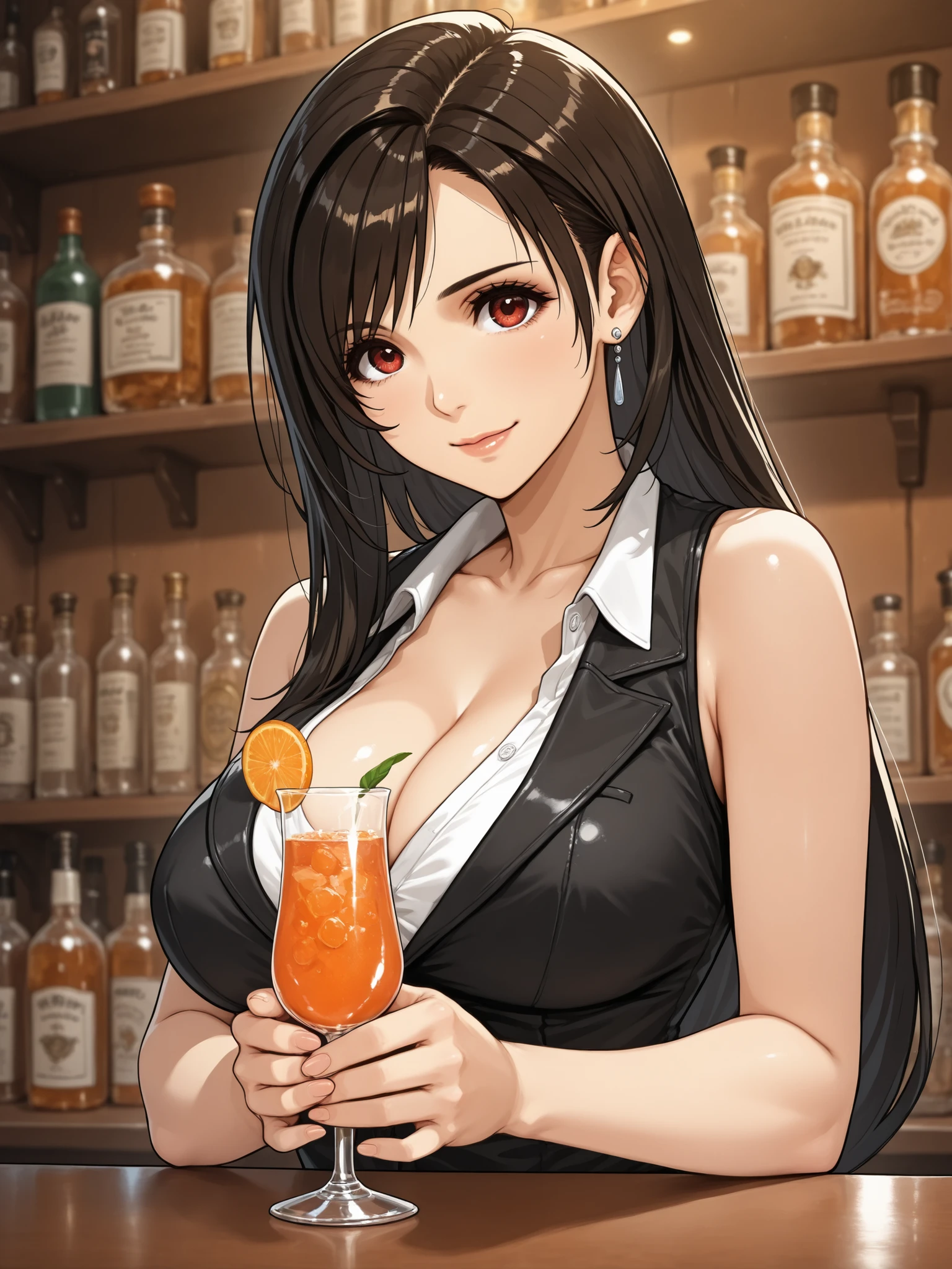 ((Best Quality)),( super high definition),(Super detailed),( detailed description ),((The best CG)),(masterpiece), (1girl,Tifa,detail eyes ,iris),hideout, bar,vintage,bartender,she make a cocktail)