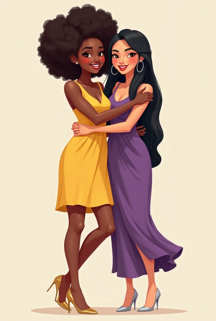 Lesbian couple black women on a lawn lying down. A thin woman in yellow clothes with African roots and another fat body in royal blue clothes cartoon