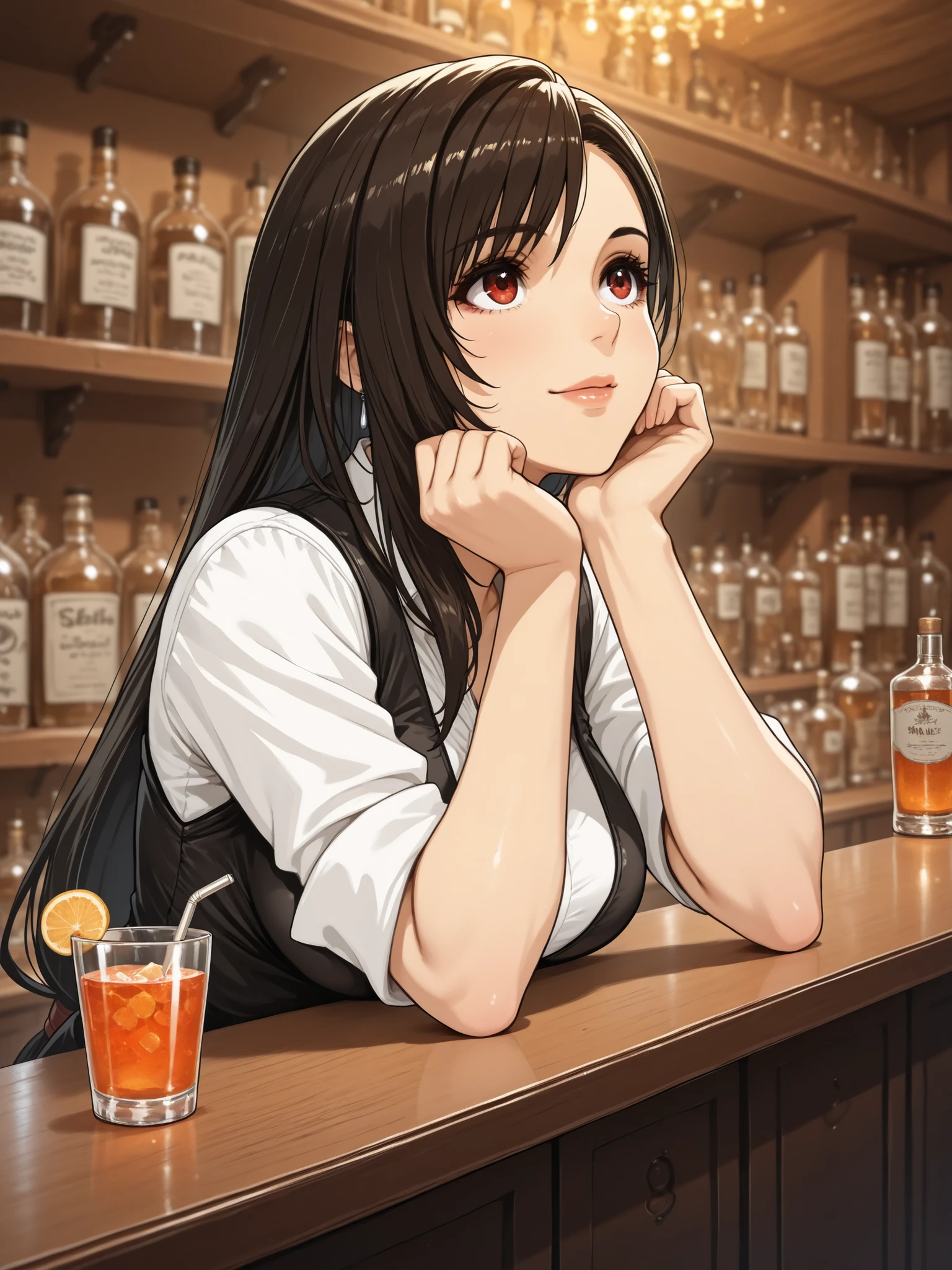 ((Best Quality)),( super high definition),(Super detailed),( detailed description ),((The best CG)),(masterpiece), (1girl,Tifa,detail eyes ,iris),hideout, bar,vintage,bartender,she make a cocktail)