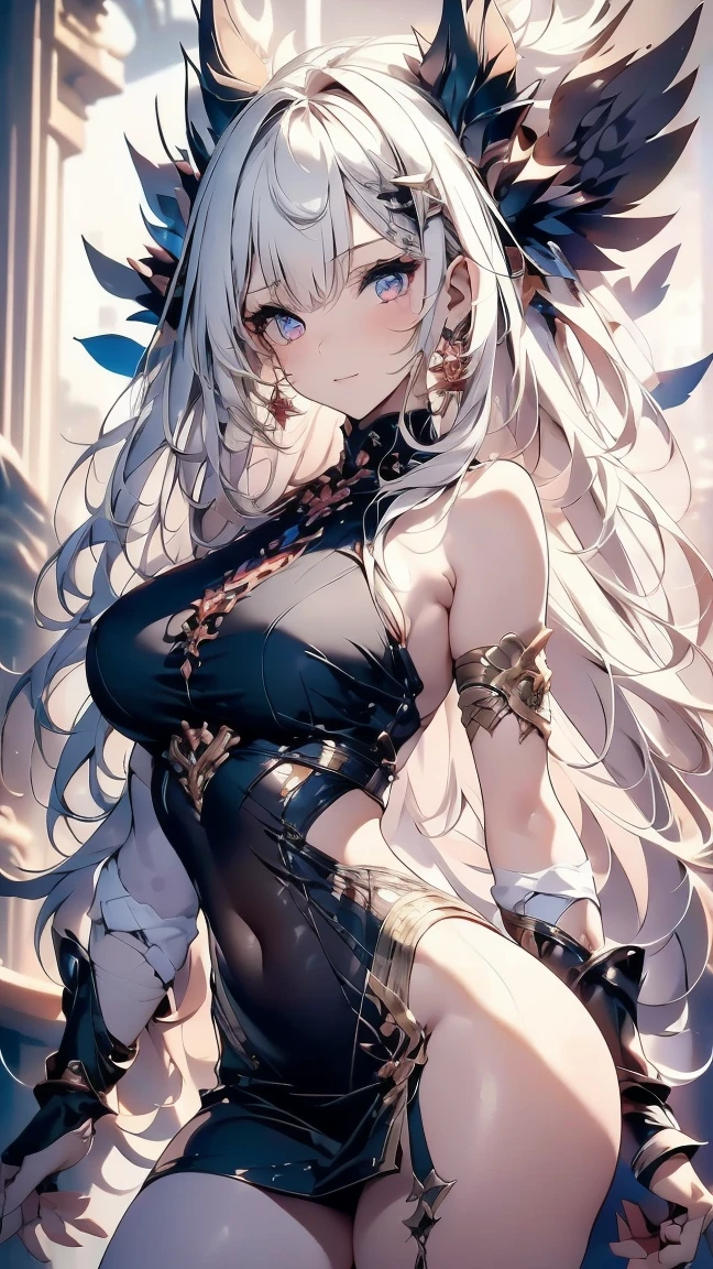 1girl, anime, cute girl, blank background, white background, fantasy, detailed fantasy dress with highlights, beautiful face, beautiful eyes, dark colors, black hair with multicolor streaks, red eye with different color pupil in eye, multicolor eye, medium small breasts (slightly big), slight cleavage, beautiful skin, cute, breast curtains, extremely delicate and beautiful, (beautiful detailed face:1.0), (detailed deep eyes), symmetrical breasts, deep eyes, shiny skin, portrait, slender waist, hips wider than shoulders, thighs, expressionless, young girl, luminous eyes, adorable,(Kpop idol),(aegyo sal:1),(Platinum blonde hair:1),((puffy eye)),Black panty,sexy posture,Superskirt, ultra high resolution,Black collar,slim figure, Abdominal y tattoo, womb tattoo,Tight-fitting leg ring,y tattoo on half-body,Bare skin, Armored hand,Hidden fingertips,Hand covered,Arm covered,Fist covered,{{beautiful detailed fingers}}, tufts of hair, moderate beautiful breast:1.0,(masterpiece:1.2), best quality, high-res, HDR, perfect face, intricate armor, delicate blue filigree, intricate filigree, red metalic parts, detailed part, dynamic pose, dynamic lights, cute face