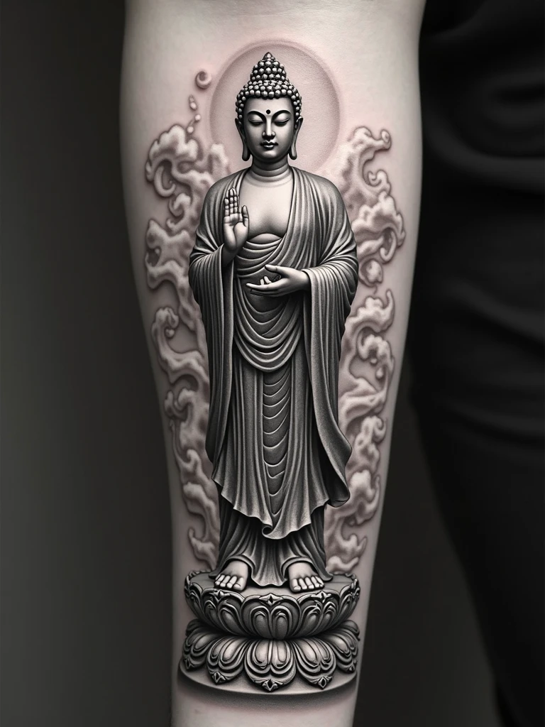 Tattoo of buddha sitting in cave with his subordinates