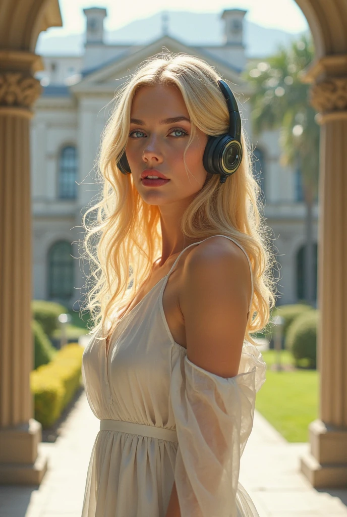 Looking up at the camera、Black Elegant、Beautiful blonde with big breasts in a blouse (Western-style mansion at midnight、living room),Wearing headphones,Very detailed, 21 years old, Innocent face, Naturally Wavy Hair, blue eyes, High resolution, masterpiece, Highest quality, Intricate details, Very detailed, Clear focus, Delicate skin, practical skin texture, texture, Delicate eyes, Professional, 4K, Sad face,despair、 Shot with Canon, 85mm, Shallow and deep,  Kodak Vision Color, Exactly, Very detailed, photograph_\(Extremist\), photographpractical, practical, Post-processing, Maximum details, Roughness, Real Life, Extremist practical, Photorealism, photographgraphy, 8K Ultra HD, photographgraphy