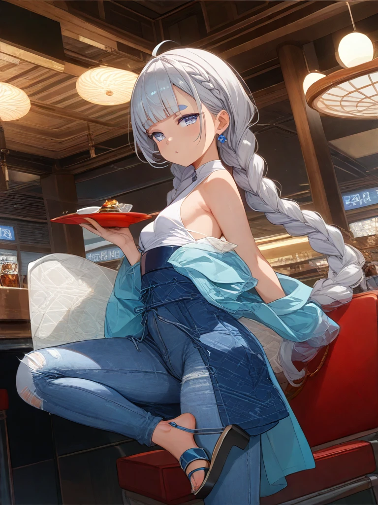 (((absurd))), (((masterpiece))), (((best quality))), ((Extremely detailed)), Ultra-high quality, Practical, (The real situation, Intricate details, Depth of Field), ((((1 girl, solitary)))), cosmetic, open mouth, Very detailed, Perfect face, (((Mature woman, ))), (Extra large breasts,pajamas, High Aims, Glossy lips, ((Firm abdomen)), Sexy, Blushed, (( Bangs, Very long hair)), ((Beautiful blue eyes)), ((necklace, earrings, Hair accessories, Hair accessories, scarf, bracelet)), ((((, have, Blue shirt, mini skirt, Socks)))), Charming smile,indoor,A hand holding a beer bottle), (((Cowboy shooting, posture, )))