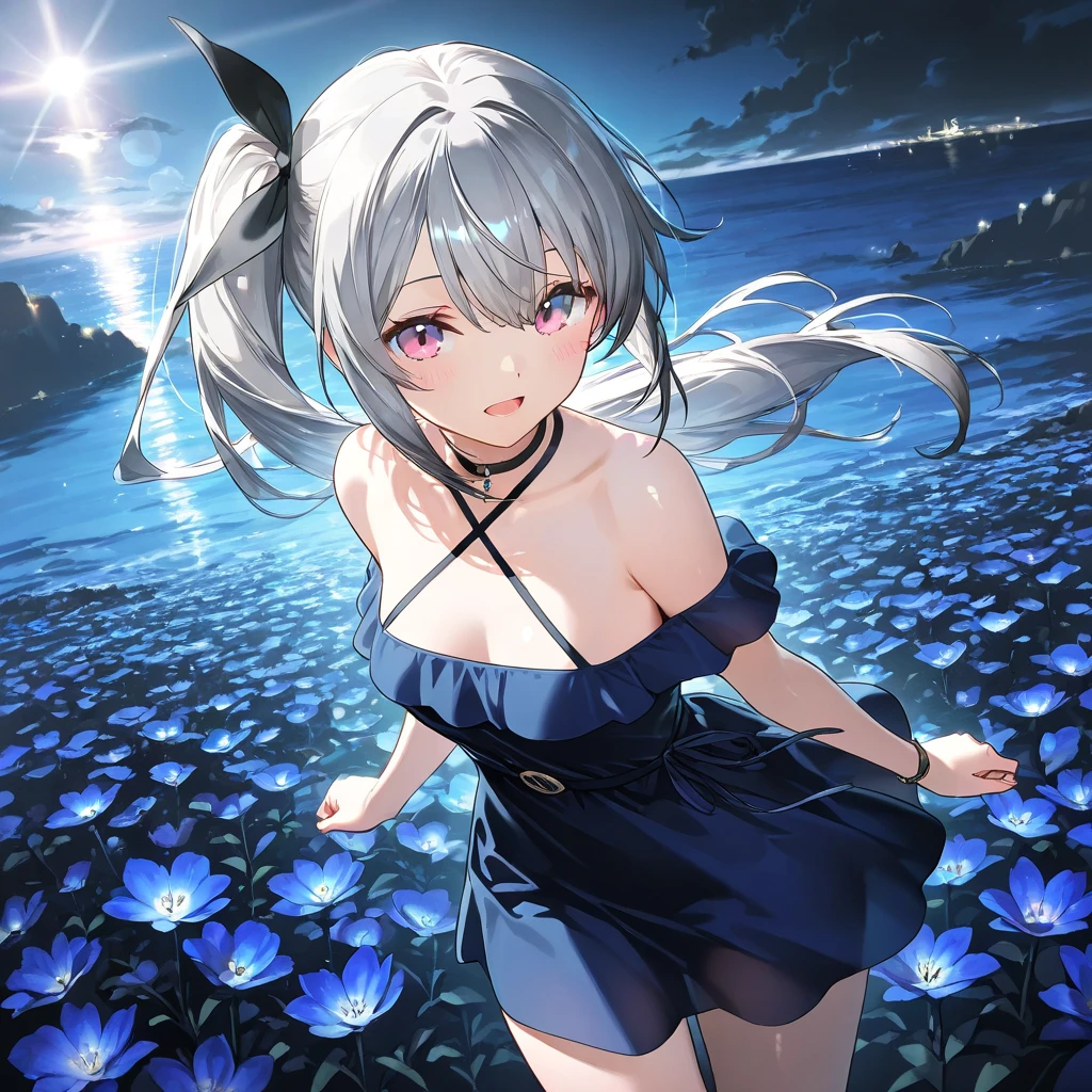 kaine. She is 25 years old. adulto. pelo blanco.  ojos amarillos. she is in a field of white flowers