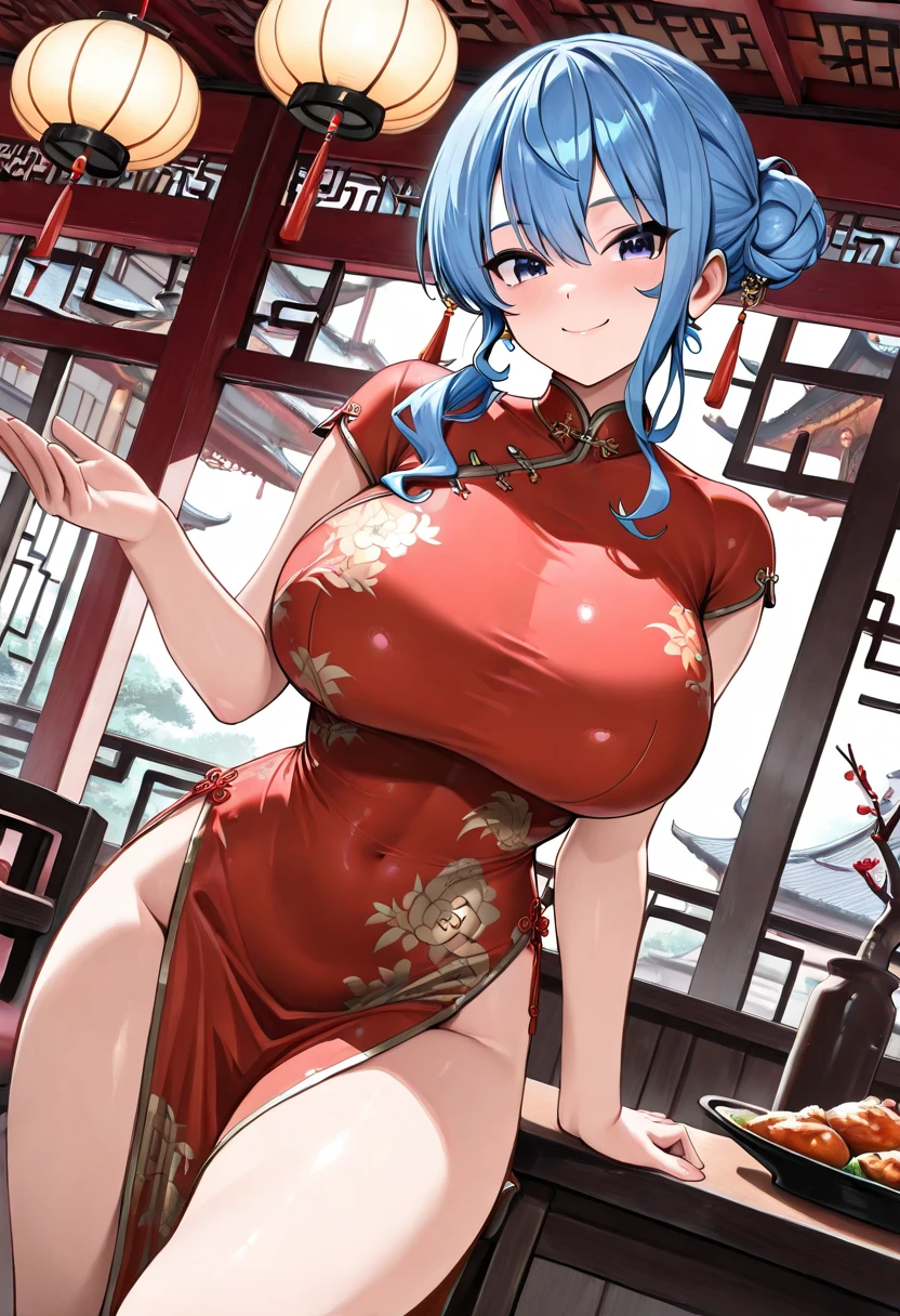 Gawr Gura, Hololive, (China dress:1.5),Straw hat, (Very large saggy breasts:1.3), smile, peace sign