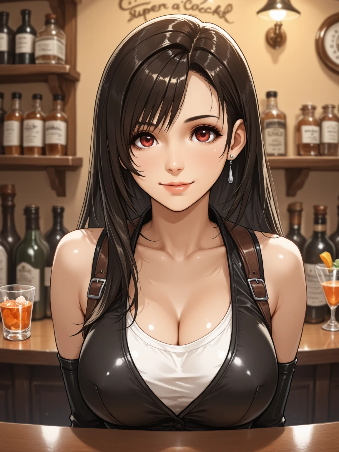 ((Best Quality)),( super high definition),(Super detailed),( detailed description ),((The best CG)),(masterpiece), (1girl,Tifa,detail eyes ,iris),hideout, bar,vintage,bartender,make a cocktail),semi realistic,neon sign