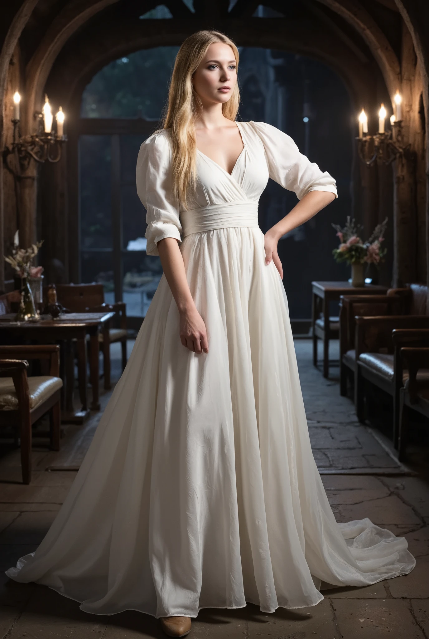 Create a realistic photograph of a beautiful 20-year-old girl with fair skin and long straight blonde hair. She is wearing a flowing white silk dress and striking a pose in a full-body shot. The setting is the interior of a Scottish castle, illuminated by soft night lights to create a magical atmosphere.